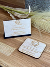 Square and rectangular wooden business cards side by side, showing 3mm birch plywood and custom engraving. Ideal for professional networking and original work cards.