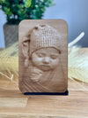 Front view of the personalized wooden card featuring a cherished photo engraving. Ideal for gender neutral birth announcements or newborn celebration gifts.