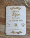 Rear view of the 3mm thick wooden baby announcement, highlighting its sturdy build. Great for preserving special moments like name, date, and weight.