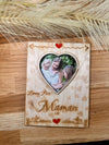 Wooden card featuring ‘Bonne Fête Maman’ text with a paper photo slot, perfect for a heartfelt Mother’s Day gift or special family keepsake.