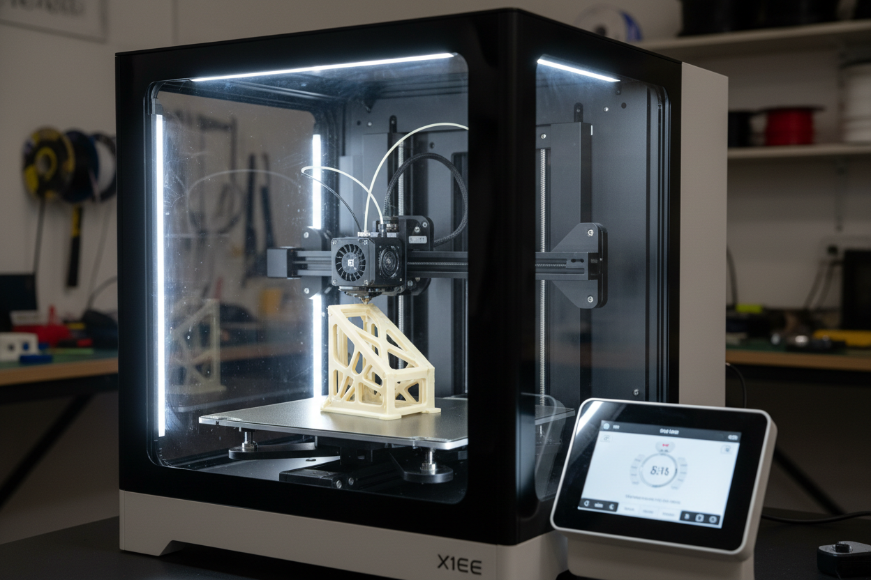 Une imprimante 3D avec un caisson fermé (type bambulab h2d) en train d'imprimer une pièce technique avec un filament technique (peek/pekk)